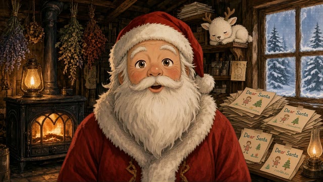 Hand-painted storybook Santa smiling in his cozy cabin workshop beside a stack of Dear Santa letters